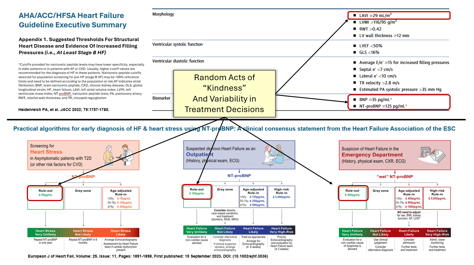 AHA, ACC, and HFSA Stage B structural and biomarker thresholds shown with the ESC NT-proBNP rule-out and rule-in algorithms across screening, outpatient, and emergency settings