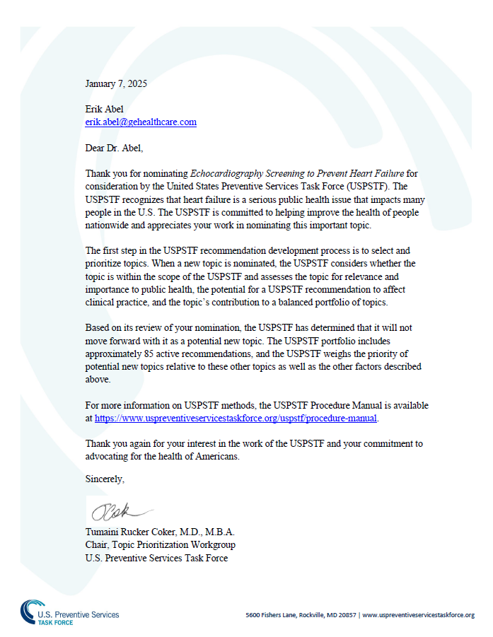 Letter from the U.S. Preventive Services Task Force declining to advance the echocardiography screening nomination