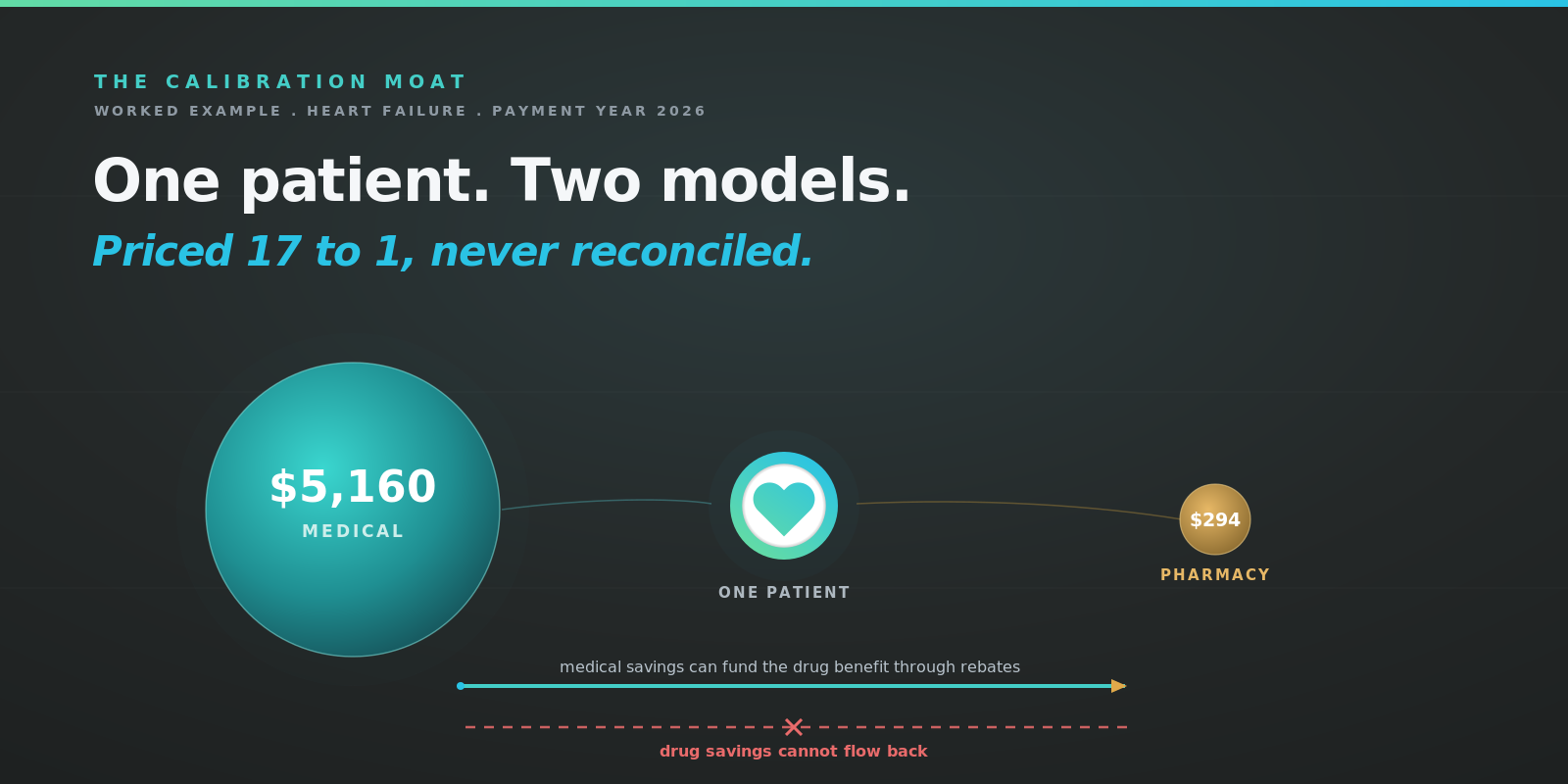 The calibration moat: one patient priced 17 to 1 between a large medical model and a small pharmacy model, with rebates flowing only one way and drug savings unable to flow back